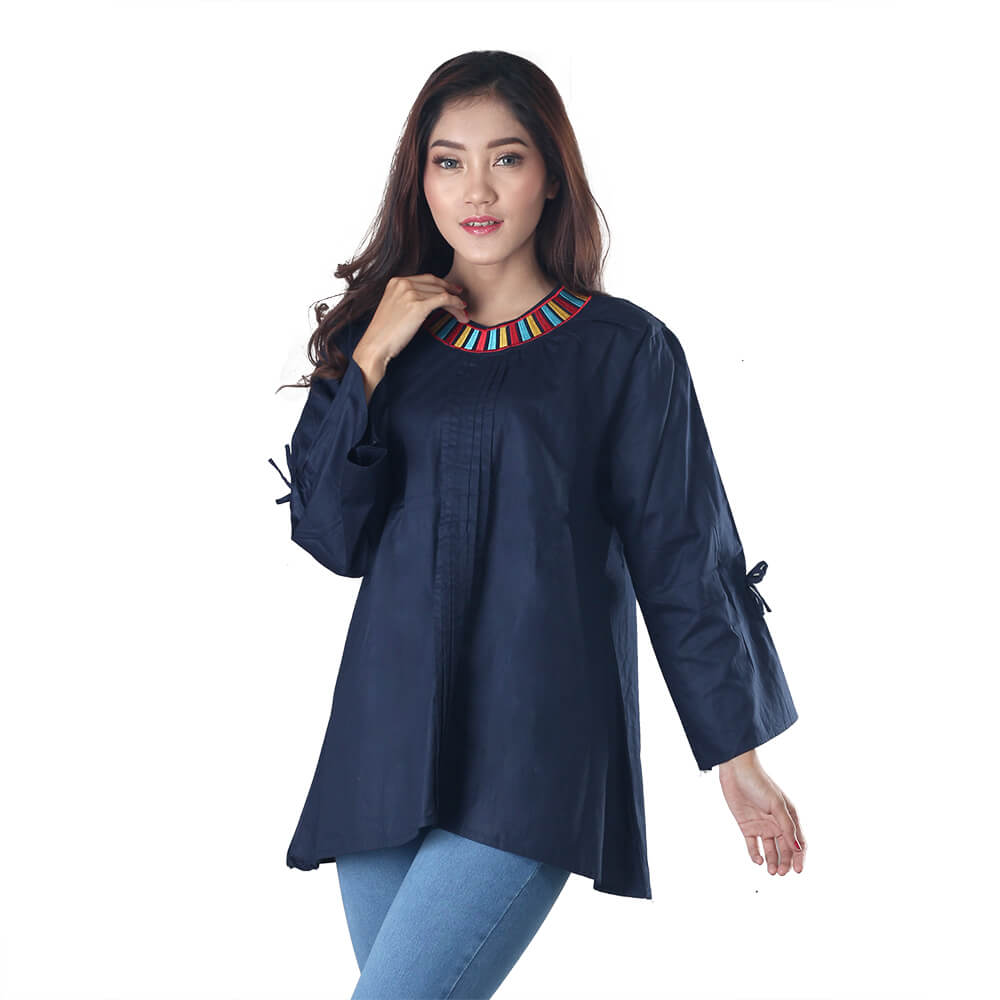 PAKAIAN ATASAN BLOUSE WANITA LENGAN PANJANG NAVY COTTON INFICLO SHJ 020