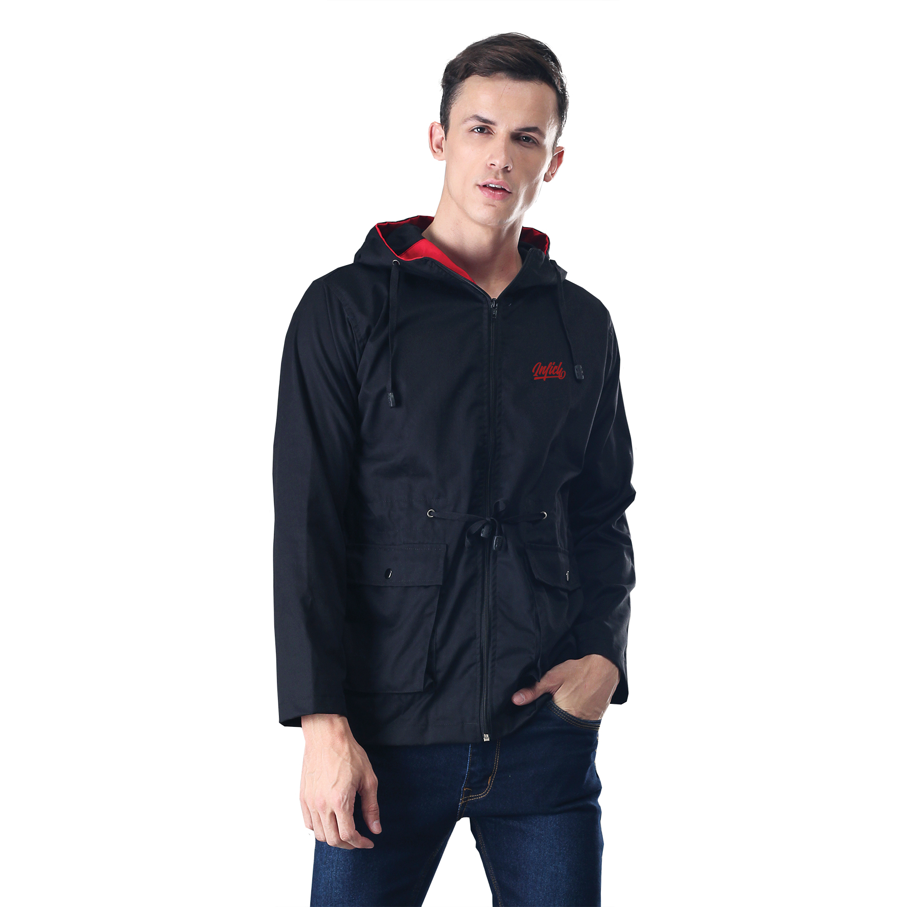 JAKET OUTDOOR HOODIE KASUAL PRIA PREMIUM HITAM DRILL INFICLO SMD 375